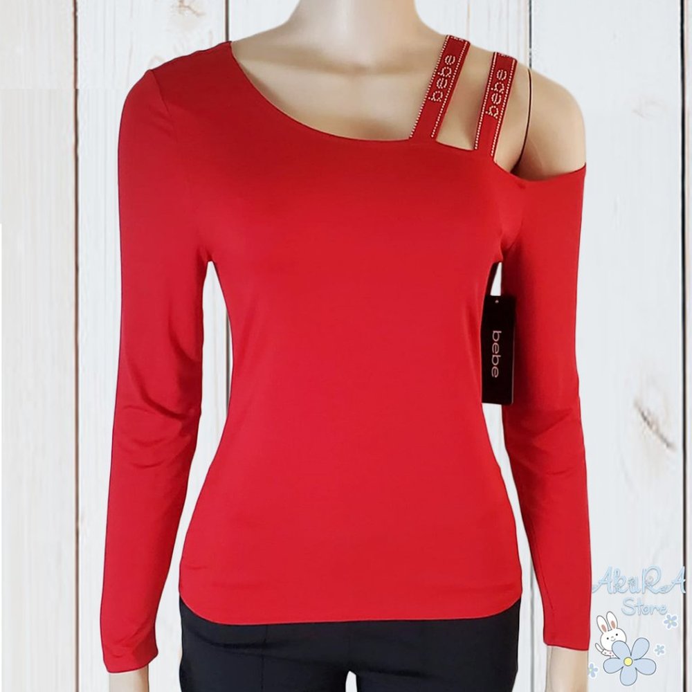 NWT BEBE AUTHENTIC ASYMMETRIC NECK WOMEN'S RED LONG SLEEVE T-SHIRT M L XL